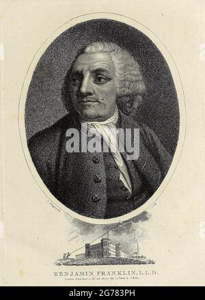 Porträt von Benjamin Franklin (17. Januar 1706 [O.S. 6. Januar 1705] – 17. April 1790) war einer der Gründungsväter der Vereinigten Staaten. Als Universalgelehrter war er ein führender Schriftsteller, Drucker, politischer Philosoph, Politiker, Freimaurer, Postmaster, Wissenschaftler, Erfinder, Humorist, Bürgeraktivist, Staatsmann und Diplomat. Als Wissenschaftler war er für seine Entdeckungen und Theorien zur Elektrizität eine wichtige Figur in der amerikanischen Aufklärung und der Geschichte der Physik. Als Erfinder ist er unter anderem für den Blitzableiter, die Bifokale und den Franklin-Ofen bekannt. Er gründete viele Bürger Stockfoto