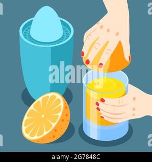 Stärkung der Immunität isometrischen und farbigen Hintergrund mit Quetschen Orangensaft zum Trinken Vektor-Illustration Stock Vektor