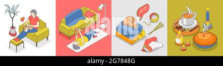 Hygge Lifestyle isometrische Icon Set Rest mit Katze Hund weiche gemütliche Kleidung und warme Getränke Vektor-Illustration Stock Vektor