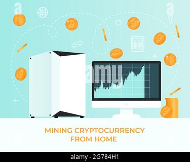 Fähigkeit, Kryptowährung Bitcoin auf Ihrem Computer zu Hause zu Bergbau, mit Hilfe von Festplatten. Physikalische Bitmünze, digitales Währungskonzept Stock Vektor
