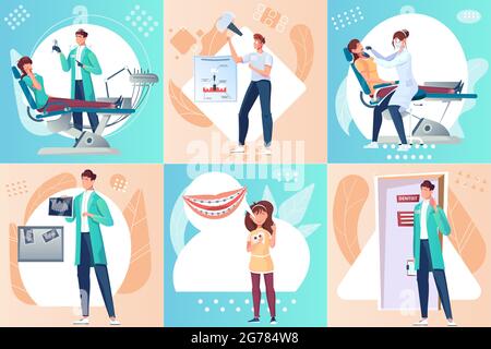 Zahnmedizin Satz von quadratischen Kompositionen mit flachen Bildern von Zahnchirurgen Apparat und Zeichen von Zahnärzten Vektor-Illustration Stock Vektor