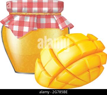 Ein Glas Mangomarmelade mit halbreifer Mango. Fotorealistische Vektordarstellung. Stock Vektor