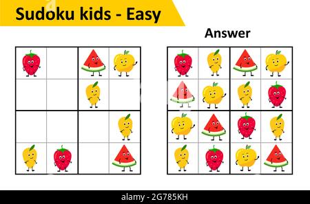 Sudoku Kinder Spiel mit Antworten. Niedliche Fruchtfiguren im 4x4. Spiel für kleine Kinder. Stock Vektor