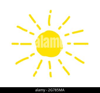 Die Sonne wird vom Kind gezogen. Lustige Vektor Doodle Sonnen. Von Hand gezeichnet. Sommer, Sonnenlicht. Stock Vektor