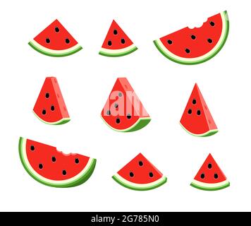 Setzen Sie flache Illustration Wassermelone Scheibe. Halbe Wassermelone mit Samen. Stock Vektor