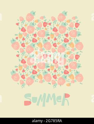 Erdbeeren aus geometrischen Formen. Sommer-Design in Pastellfarben für Print, Poster, Postkarte. Stock Vektor