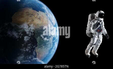 Erde und Astronaut im Weltraum Konzept 3D-Rendering ansehen. Stockfoto