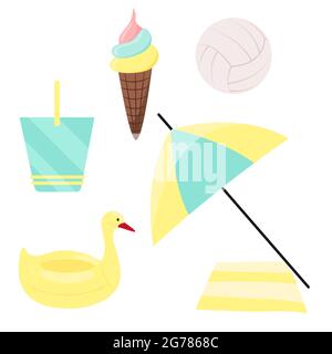 Helle Reihe von Strandobjekten Elemente. Sommer Kollektion von Artikeln für den Urlaub. Eiscreme, Volleyball, Baby Eimer, Schwimmring, Sonnenschirm und Handtuch. Stock Vektor