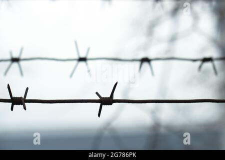 Stacheldraht wird durch horizontale Linien gestreckt Stockfoto