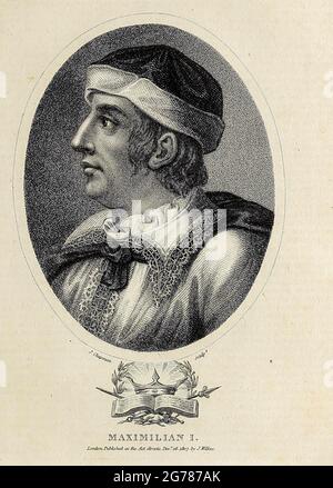 Maximilian I. (22. März 1459 – 12. Januar 1519) war ab 1486 König der Römer und von 1508 bis zu seinem Tod Kaiser des Heiligen Römischen Reiches. Er wurde nie vom Papst gekrönt, da die Reise nach Rom immer zu riskant war. Er wurde stattdessen von Papst Julius II. In Trient zum Kaiser gewählt und brach damit die lange Tradition, für die Übernahme des Kaisertitels eine päpstliche Krönung zu verlangen. Maximilian war der Sohn Friedrichs III., des Heiligen Römischen Kaiser und Eleonors von Portugal. Kupferstich aus der Encyclopaedia Londinensis oder, Universal Wörterbuch der Künste, Wissenschaften und Literatur; Band VIII; E Stockfoto