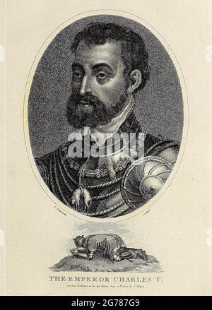 Karl V. (24. Februar 1500 – 21. September 1558) war von 1519 bis 1556 Kaiser des Heiligen Römischen Reiches und Erzherzog von Österreich, von 1516 bis 1556 König von Spanien (Kastilien und Aragon) und von 1506 bis 1555 Fürst der Niederlande als Titularherzog von Burgund. Da er in der ersten Hälfte des 16. Jahrhunderts das aufstrebende Haus Habsburg leitete, gehörte zu seinen Herrschaften in Europa das Heilige Römische Reich, das sich von Deutschland bis nach Norditalien erstreckte, mit direkter Herrschaft über die österreichischen Erbländer und die burgundischen Niederländer, Und ein vereintes Spanien mit seinen süditalienischen Königreichen Neapel, Sizilien und Sardi Stockfoto