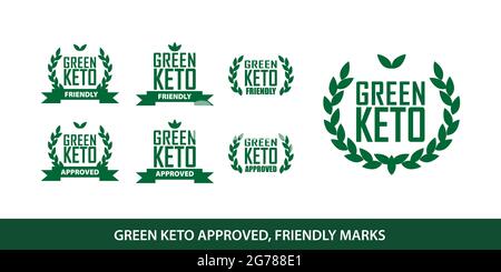 Green Keto genehmigt und freundlich Gesundheit Diät-Marken für zertifizierte ketogene Produkte und Lebensstil gesetzt Stock Vektor