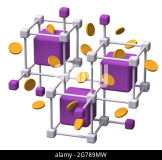 Krypto Währung virtuelle Münzen Blockchain Mining System Konzept 3D, isoliert auf weißem Hintergrund Stockfoto