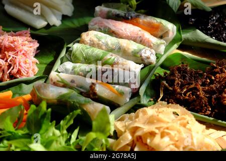 Nahaufnahme Zutat für die Herstellung veganer Sommerrollen, beliebte vietnamesische Küche, Rohstoff in Reispapier und Rollen lassen, vegetarisches Gericht für gesund Stockfoto