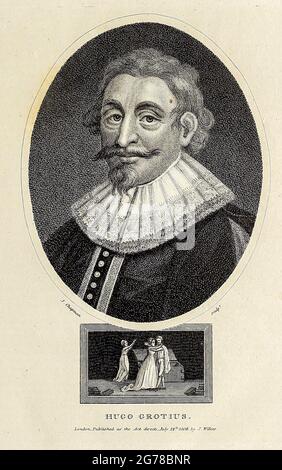 Hugo Grotius (10. April 1583 – 28. August 1645, auch bekannt als Huig de Groot und Hugo de Groot) war ein niederländischer Humanist, Diplomat, Rechtsanwalt, Theologe, Jurist, Dichter und Dramatiker. Kupferstich aus der Encyclopaedia Londinensis oder, Universelles Wörterbuch der Künste, Wissenschaften und Literatur; Band IX; herausgegeben von Wilkes, John. Veröffentlicht 1811 in London Stockfoto