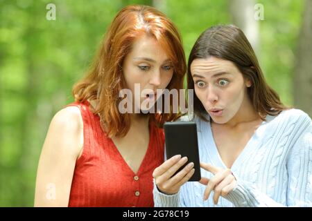 Zwei verblüffte Freundinnen, die in einem Park überraschende Smartphone-Inhalte überprüfen Stockfoto