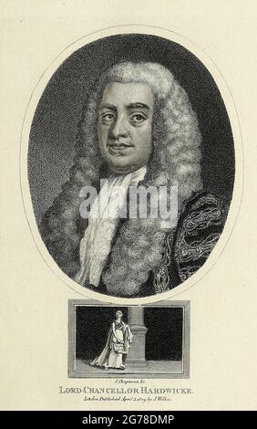 Philip Yorke, 1. Earl of Hardwicke, PC (1. Dezember 1690 – 6. März 1764) war ein englischer Anwalt und Politiker, der als Lord High Chancellor von Großbritannien diente. Er war ein enger Vertrauter des Herzogs von Newcastle, Premierminister zwischen 1754 und 1756 und 1757 bis 1762. Kupferstich aus der Encyclopaedia Londinensis oder, Universelles Wörterbuch der Künste, Wissenschaften und Literatur; Band IX; herausgegeben von Wilkes, John. Veröffentlicht 1811 in London Stockfoto