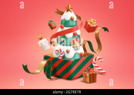 3d Weihnachtsbaum in einem ausgepackten Geschenk. Abbildung eines Weihnachtsbaums in einer geöffneten Schachtel mit Bändern, schwebenden Kerzen und weiteren ungewickelten Geschenken Stock Vektor