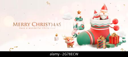 3d-Weihnachtsbanner mit Schneemann und Weihnachtsmann im Strumpf mit festlichen Weihnachtsornamenten auf schneeweißem Hintergrund Stock Vektor