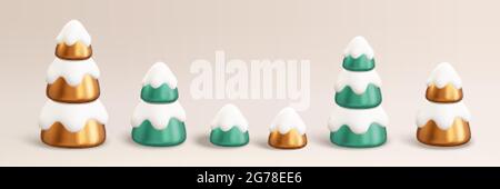 3d Christmas Trees Kollektion. Illustration von Weihnachtskiefern, die in verschiedenen Höhen mit weißem Schnee bedeckt sind, auf einem leeren Hintergrund Stock Vektor