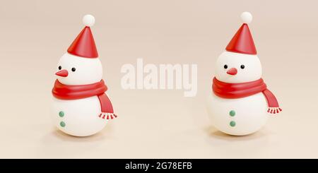 3d niedlichen Schneemann mit Weihnachtshut. Abbildung der Schneemänner mit roten Schalldämpfern und Weihnachtsmännern auf einem leeren Hintergrund in zwei verschiedenen Winkeln Stockfoto