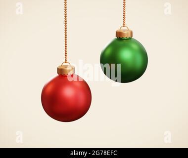3d hängende Weihnachtskugel Ornamente. Abbildung rote und grüne Kugeln mit goldenen Metallsaiten, die von oben hängen Stockfoto