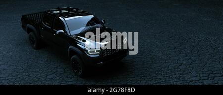Schwarzes SUV, das nachts im Panorama-3d-Rendering der Stadt geparkt wurde Stockfoto