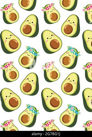 Nettes Cartoon Avocado Paar, ein Junge und ein Mädchen in einem Kranz aus rosa blauen Blumen. Zwei grüne Hälften einer Avocado mit einem Lächeln. Tapete nahtlose Muster, Vektor-Illustration isoliert weißen Hintergrund Stock Vektor