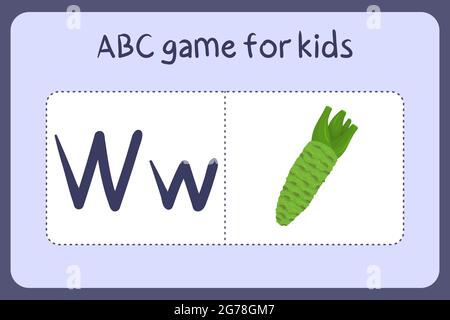 Kind Alphabet Mini-Spiele im Cartoon-Stil mit dem Buchstaben W - Wasabi. Vektor-Illustration für Spiel-Design - Schneiden und spielen. Lerne abc mit Flash-Karten für Obst und Gemüse. Stock Vektor