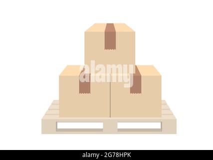 Holzlagerpalette mit Papppackungen, flache Vektorgrafik Stock Vektor