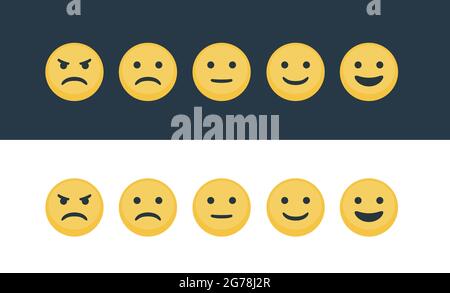 Set aus gelben Smiley-Emoticons auf dunklem und weißem Hintergrund für Chats oder Bewertungen Stock Vektor