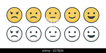 Set von gelben Umrisse Smiley Emoji flache Vektor-Symbole Stock Vektor