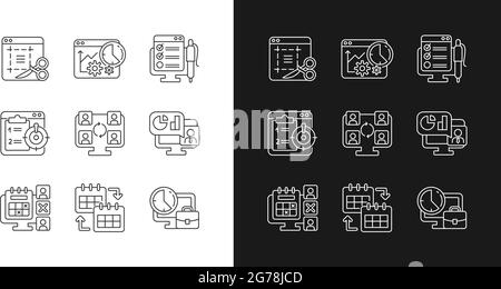 Werkzeuge zur Arbeitsüberwachung lineare Symbole für den Dunkel- und Lichtmodus Stock Vektor