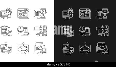 Lineare Symbole für die Online-Arbeitsüberwachung sind für den Dunkel- und Lichtmodus eingestellt Stock Vektor