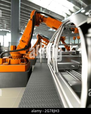 Moderne Automobilproduktionslinie mit Roboterarmen Schweißkomponenten 3d Render Stockfoto
