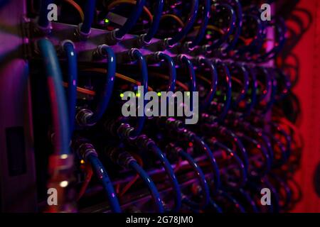 Nahaufnahme der blauen Glasfaserkabel des Server-Racks, das mit Internet-Switches in Rotlicht verbunden ist Stockfoto
