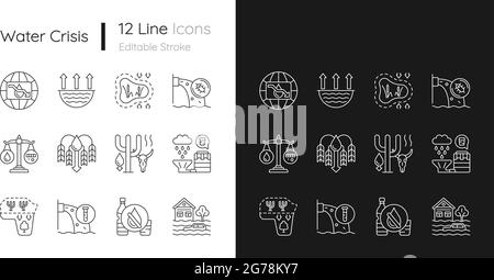 Lineare Symbole für die globale Wasserkrise sind für den Dunkel- und Lichtmodus eingestellt Stock Vektor