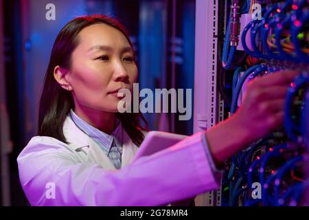 Beschäftigte junge asiatische Netzwerkspezialistin, die im dunklen Raum am Schrank stand und blaues Kabel anschl Stockfoto