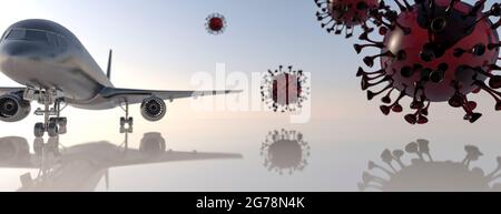 Kommerzielles Flugzeug der Fluggesellschaft, umgeben von Covid-19-Viruspartikeln, Concept 3d Render Stockfoto