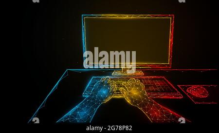 Person, die an einem Computer arbeitet. Verwenden eines Computers. Polygonale Vektordarstellung von menschlichen Händen, Computermonitor und Computermaus. Spielkonzept Stock Vektor
