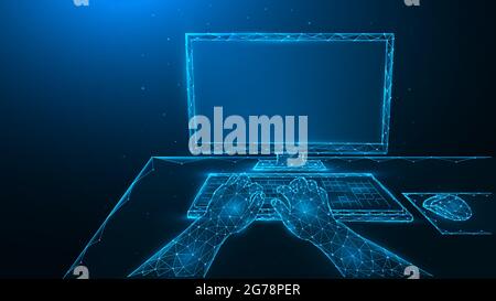 Person, die den Computer verwendet und auf der Tastatur tippt. Arbeiten am Computer. Polygonale Vektordarstellung von menschlichen Händen, Computermonitor und Computermaus. Wor Stock Vektor