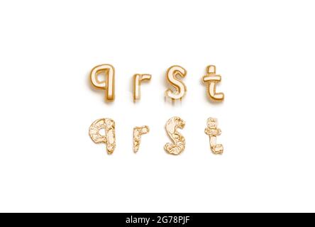 Aufgeblasene, entflackte Gold q r s t Buchstaben, Ballonschrift, 3d-Rendering. Helium-Alphabet für Dekorationstext. Goldenes Latexschild mit Kleinbuchstaben-Blase für Stockfoto