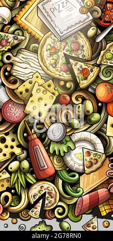 Handgezeichnetes Banner für Pizza-Doodle. Cartoon Vektor detaillierter Flyer. Illustration mit Pizzeria-Objekten und Symbolen. Farbenfroher vertikaler Hintergrund Stock Vektor