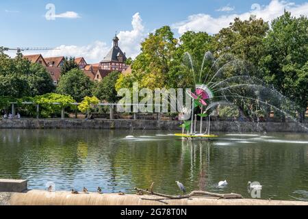 Europa, Deutschland, Baden-Württemberg, Landkreis Ludwigsburg, Bietigheim-Bissingen, Blick vom Bürgergarten über die Enz auf den Overland-Park und die Altstadt von Bietigheim mit dem unteren Tor Stockfoto