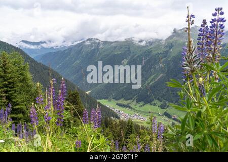 Europa, Österreich, Tirol, Verwall, Paznaun, Galtür, Friedrichshafener Hütte, Blick hinunter ins Paznaun-Tal Stockfoto