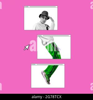 Zeitgenössische Kunstcollage, modernes Design. Retro-Style. Junger stilvoller Mann im lässigen Tanz durch weiße Boxen Stockfoto