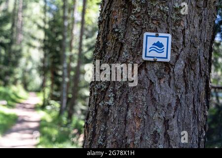 Europa, Österreich, Tirol, Ötztal Alpen, Ötztal, Wegmarkierung des Wasserstreifer-Themenweges im Bergwald bei Umhausen Stockfoto