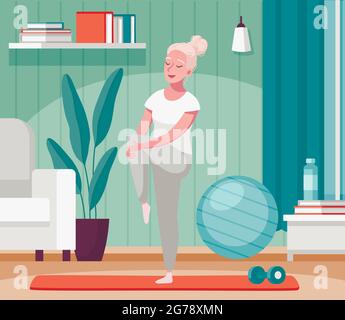 Ältere ältere Menschen Home-Aktivitäten Cartoon-Komposition mit alten Dame Strecken Beine auf Fitness-Matte Vektor-Illustration Stock Vektor