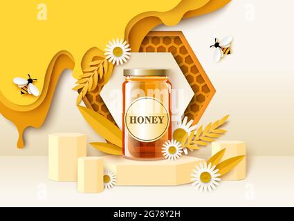 Honigglas-Mockup auf dem Podium, papiergeschnittene Bienen, Blumen, Waben. Natürliche süße Sirup Bio-Produkt Anzeigen, Vektor. Stock Vektor