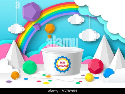 Eis-Kunststoff-Eimer Mockup, Papier geschnitten Himmel Wolken Regenbogen, Vektor-Illustration. Sweet Dessert Milchprodukte Produkte Anzeigen Stock Vektor